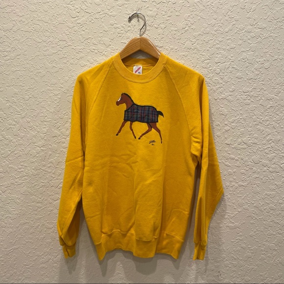 Vintage Sweaters - Vintage 90’s Horse Riding Equestrian Mustard Jerzees Crewneck Sweater Sweatshirt